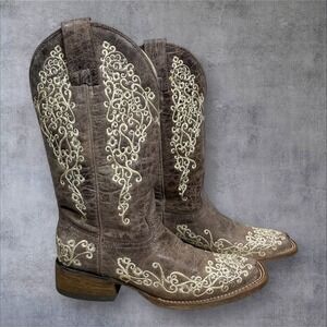 Corral Taupe Brown Crater Bone Floral‎ Embroidered Western Boots Womens 7.5 Boho